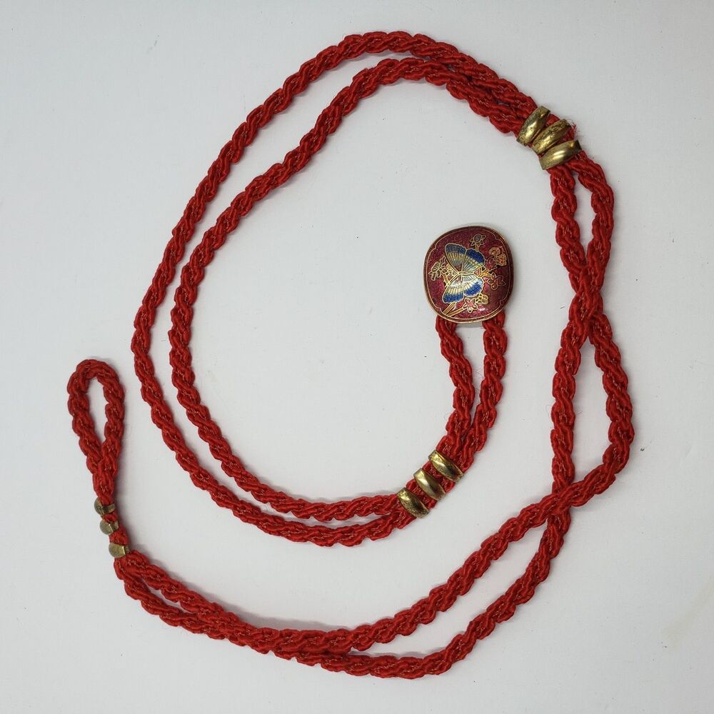 Vintage Cloisonne Butterfly Belt Red Braided Cord Passamenterie Sash Adjustable